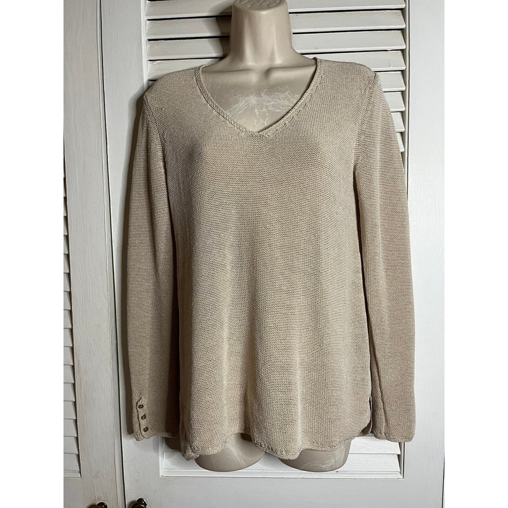 J McLaughlin tan v neck tunic length cotton blend sweater button trim Small Mint